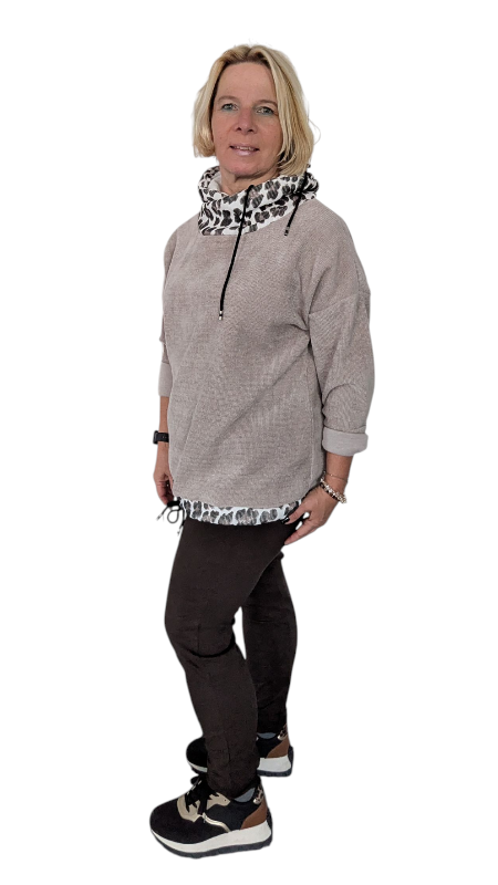 Sweatshirt taupe mit Leo-Schalkragen