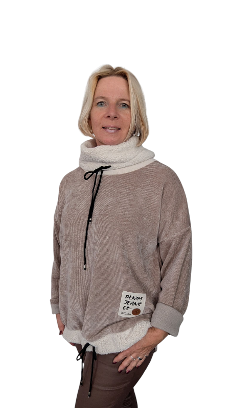 Sweatshirt "Cozy" taupe - creme mit Schalkragen