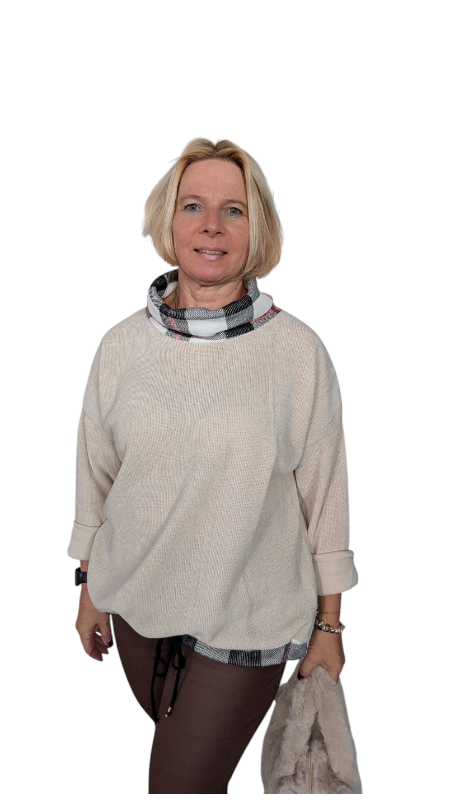 Sweatshirt "Scacchi" weiß mit kariertem Schalkragen