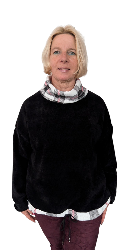 Sweatshirt "Scacchi" schwarz mit kariertem Schalkragen