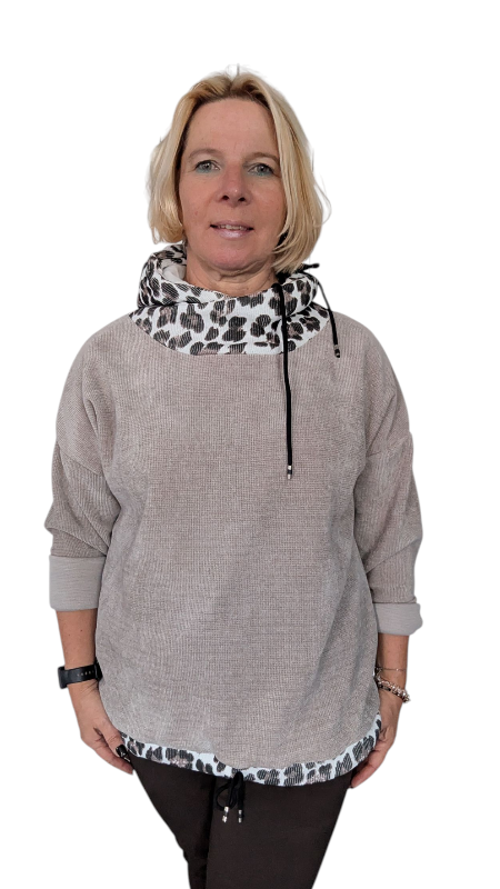 Sweatshirt taupe mit Leo-Schalkragen
