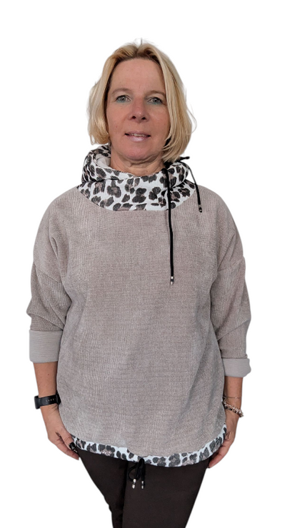 Sweatshirt taupe mit Leo-Schalkragen