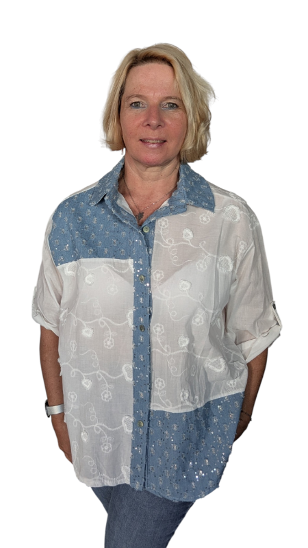 Bluse weiß mit Jeans Patches