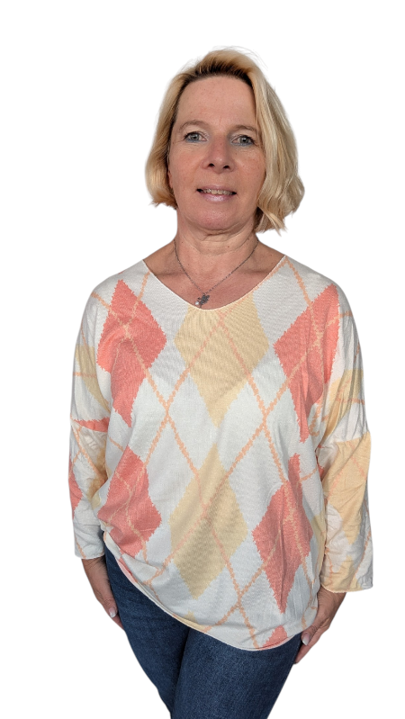 Pulli "Karo" orange, gelb, weiß