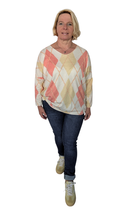 Pulli "Karo" orange, gelb, weiß